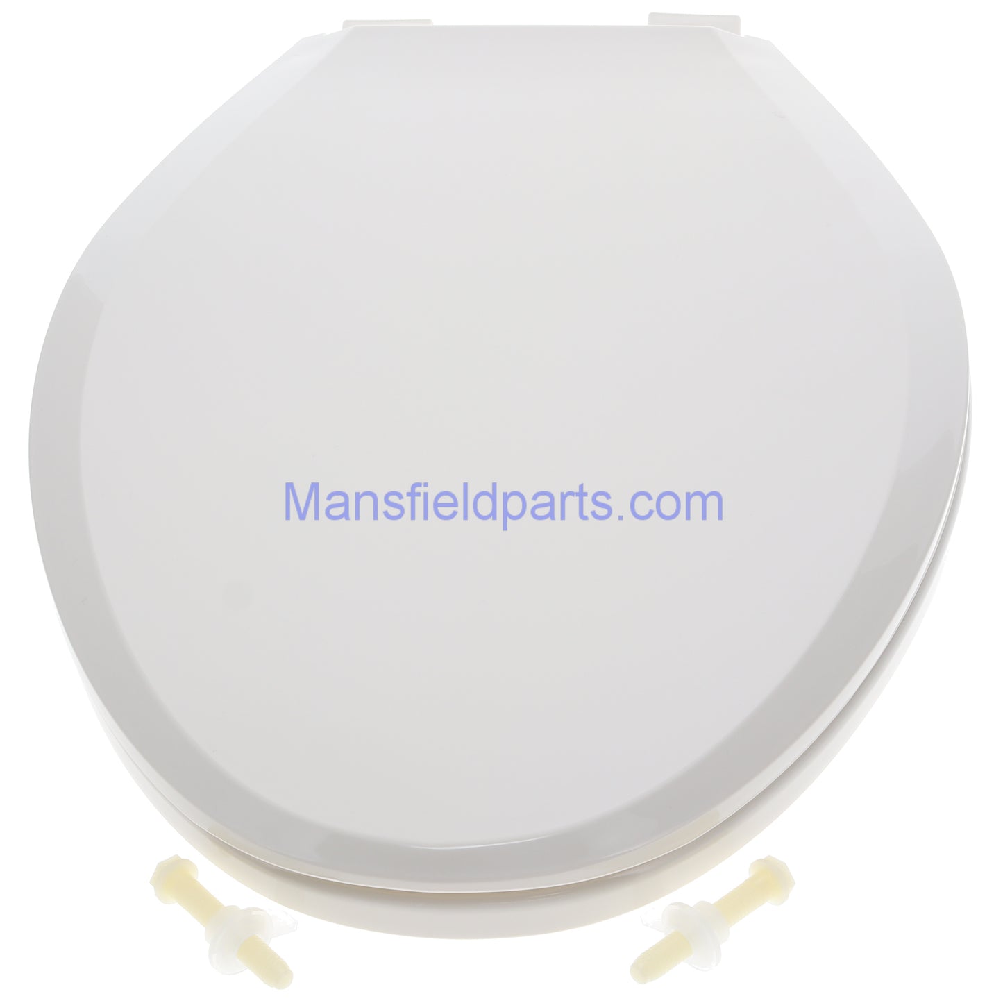 Top view of the Mansfield SB700 biscuit toilet seat. Showing the lid, and hardware.