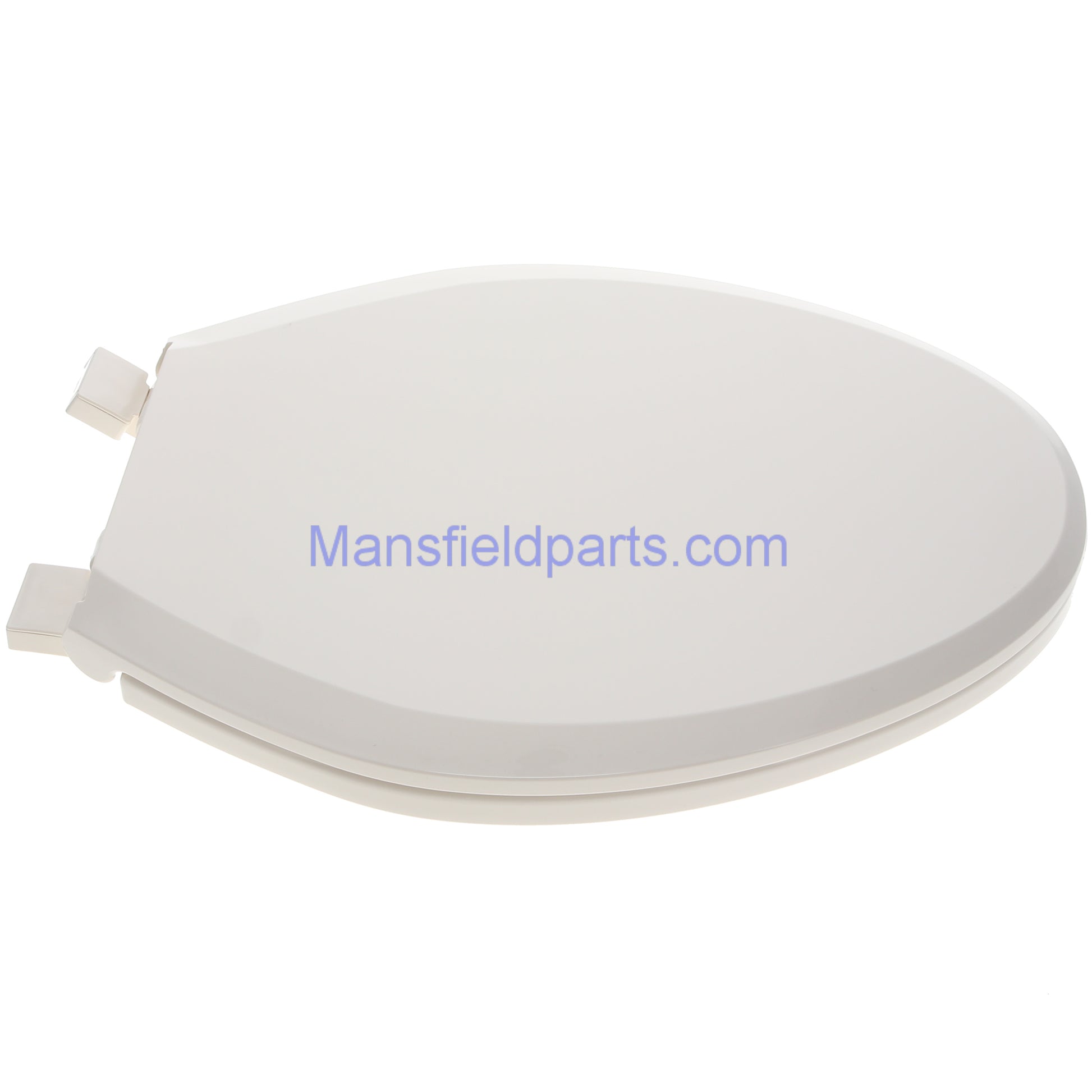Side view of the Mansfield SB700 biscuit toilet seat. Showing the hinges, and top of the lid.