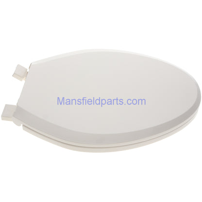 Side view of the Mansfield SB700 biscuit toilet seat. Showing the hinges, and top of the lid.