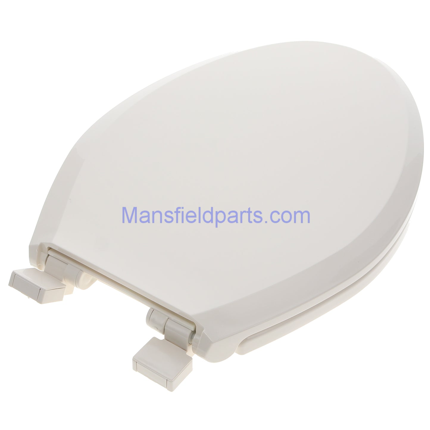 Backside of the Mansfield SB700 biscuit toilet seat. Showing the hinges, and top of the lid.